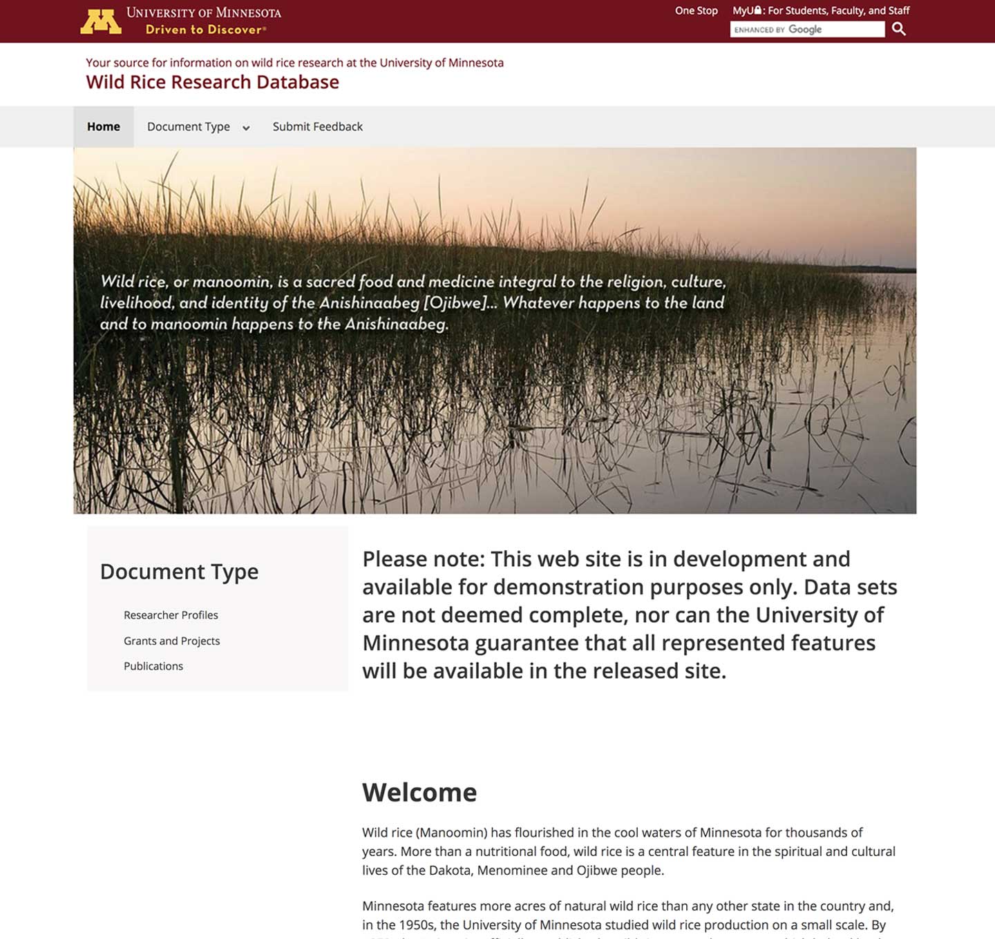 Wild Rice Research Database screenshot