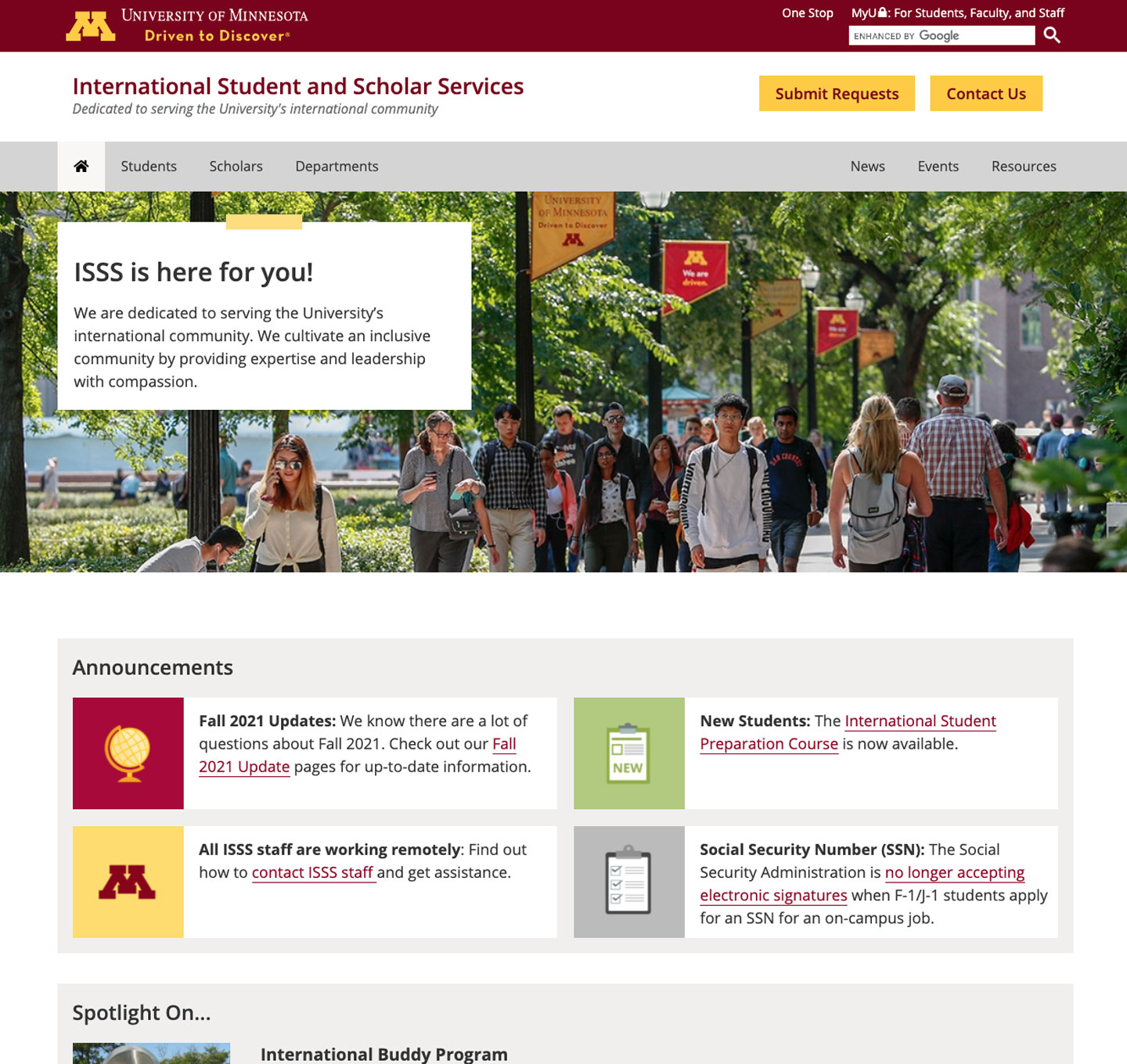 International Student and Scholar Services website home page