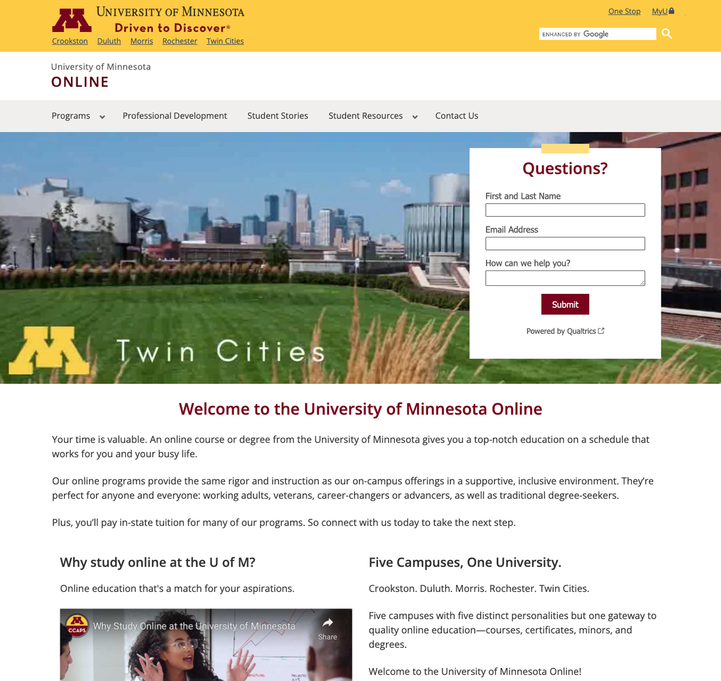 University of Minnesota Online site screenshot